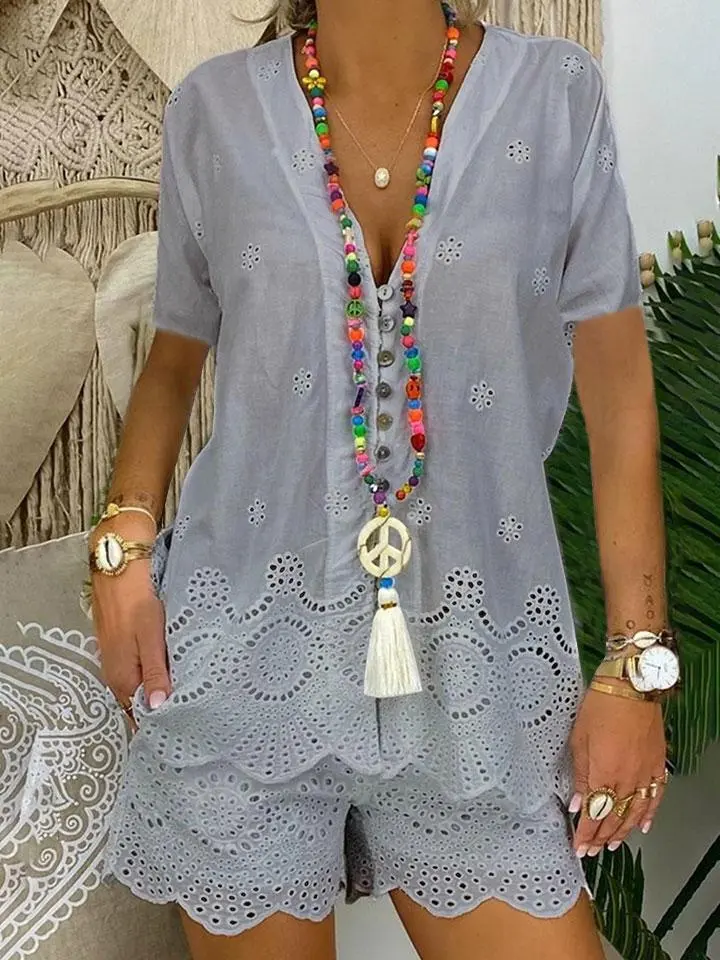 Fashionable Solid Color Hollow Short Sleeve Casual Suit