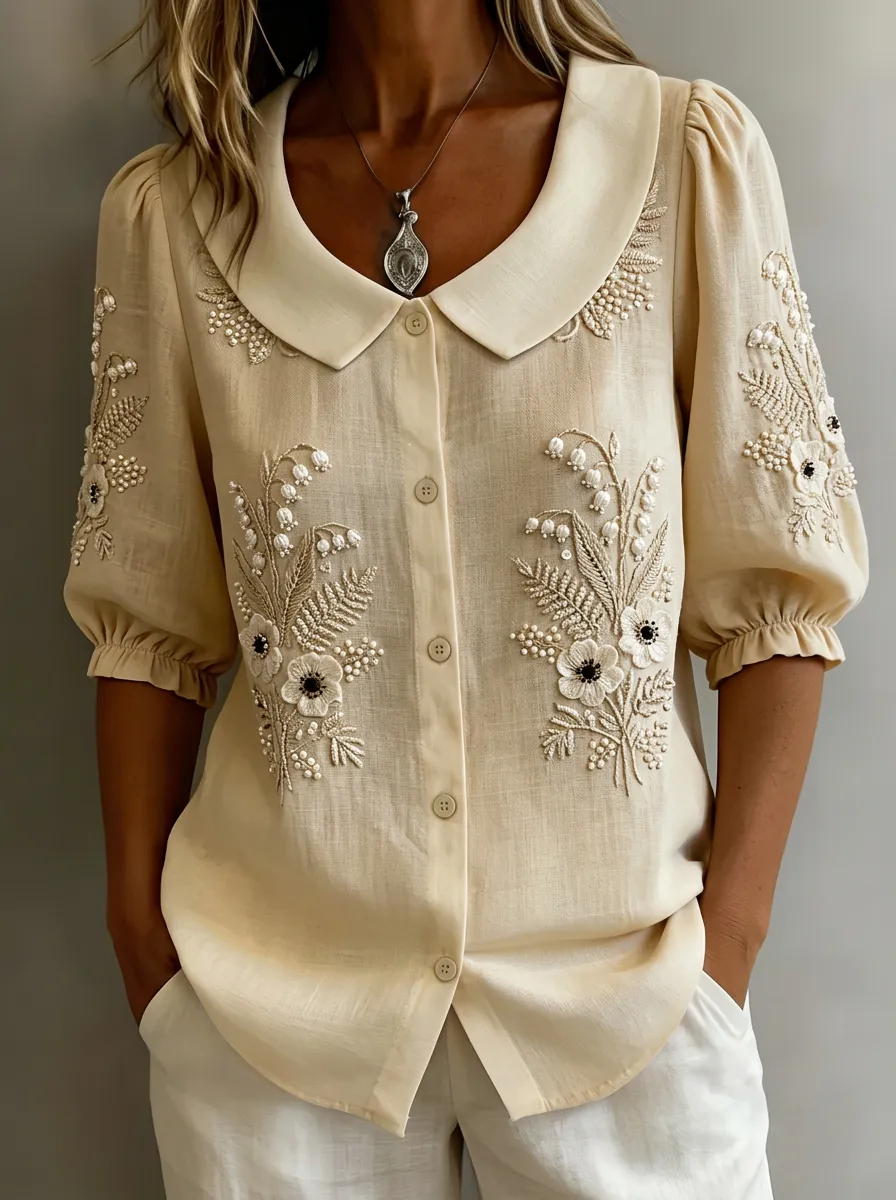 Women's Nashville Floral Embroidery Peter Pan Collar Printed Blouse
