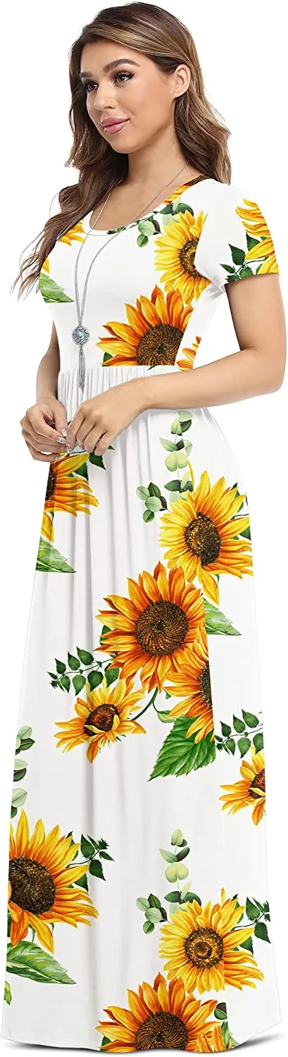 Women's Short Sleeve Loose Plain Maxi Dresses Casual Long Dresses with Pockets