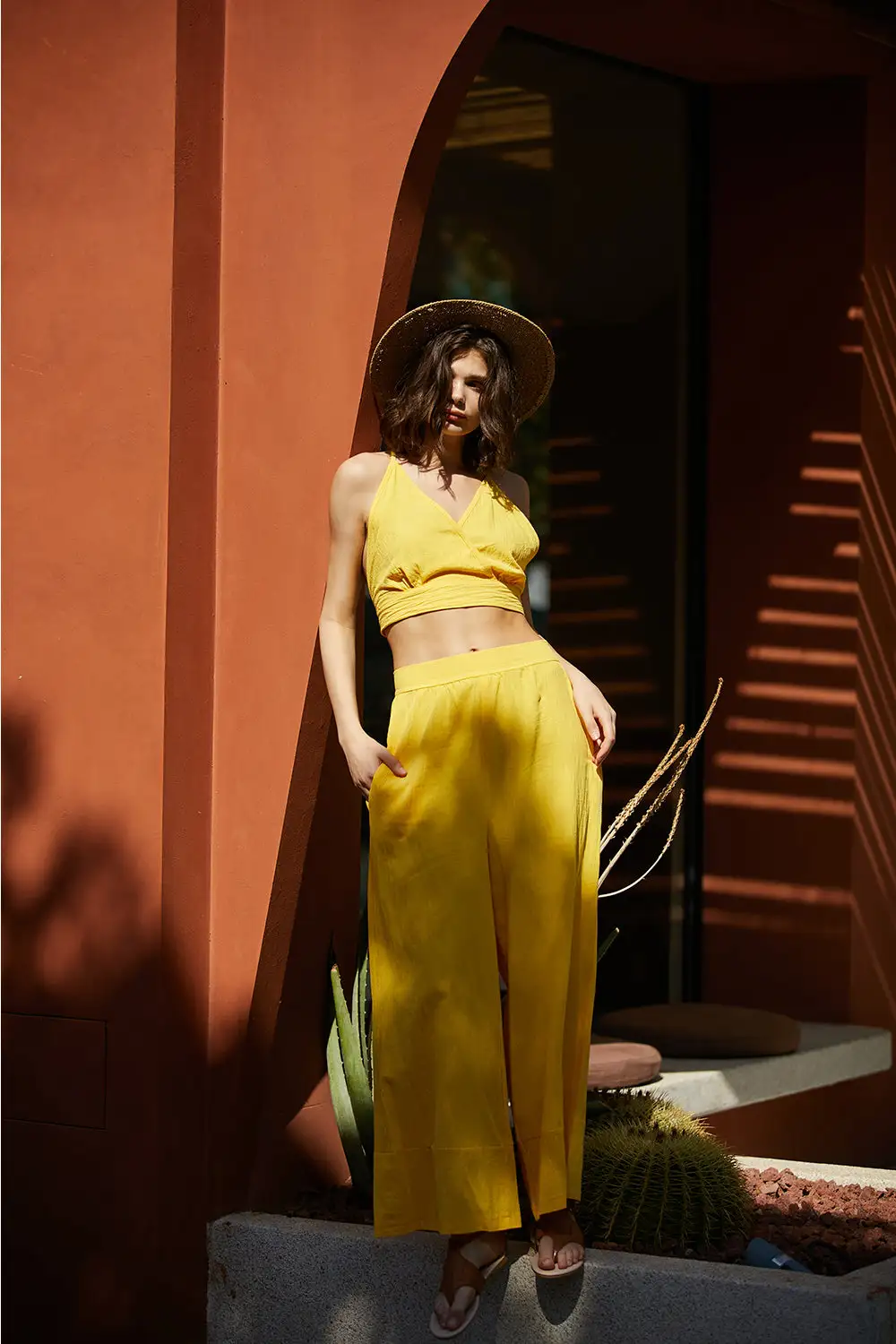 Spaghetti Strap Camisole Crop Top Casual Wide Leg Long Pants Linen Set