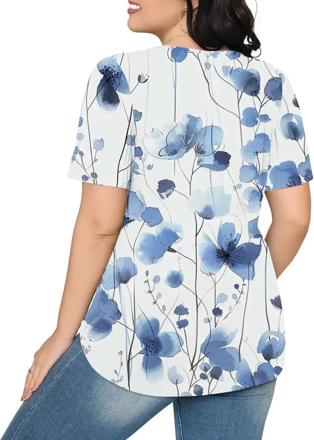 Womens Summer Pleated Front Shirts Tunics Casual Short Sleeved Loose Round Neck Boho Printed Tops Vacation Blouse