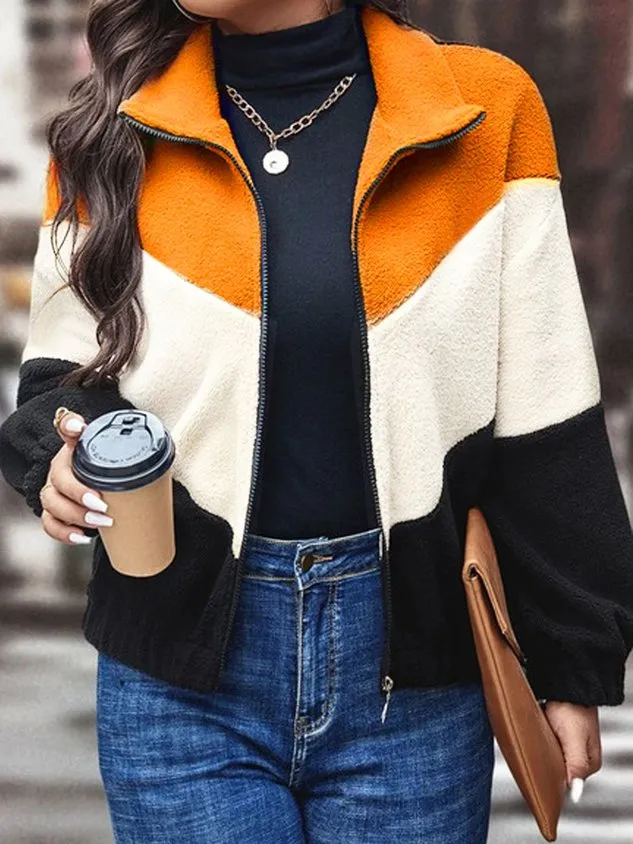Loose Shawl Collar Color Block Teddy Jacket