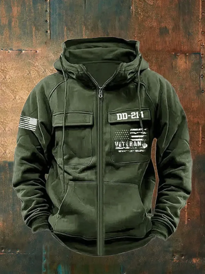 Men's Vintage Veteran Print Multi-Pocket Jacket