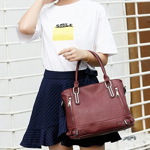 Women's Handbag Satchel Top Handle Bag PU Leather Office Daily Going out Zipper Solid Color Wine Black Brown