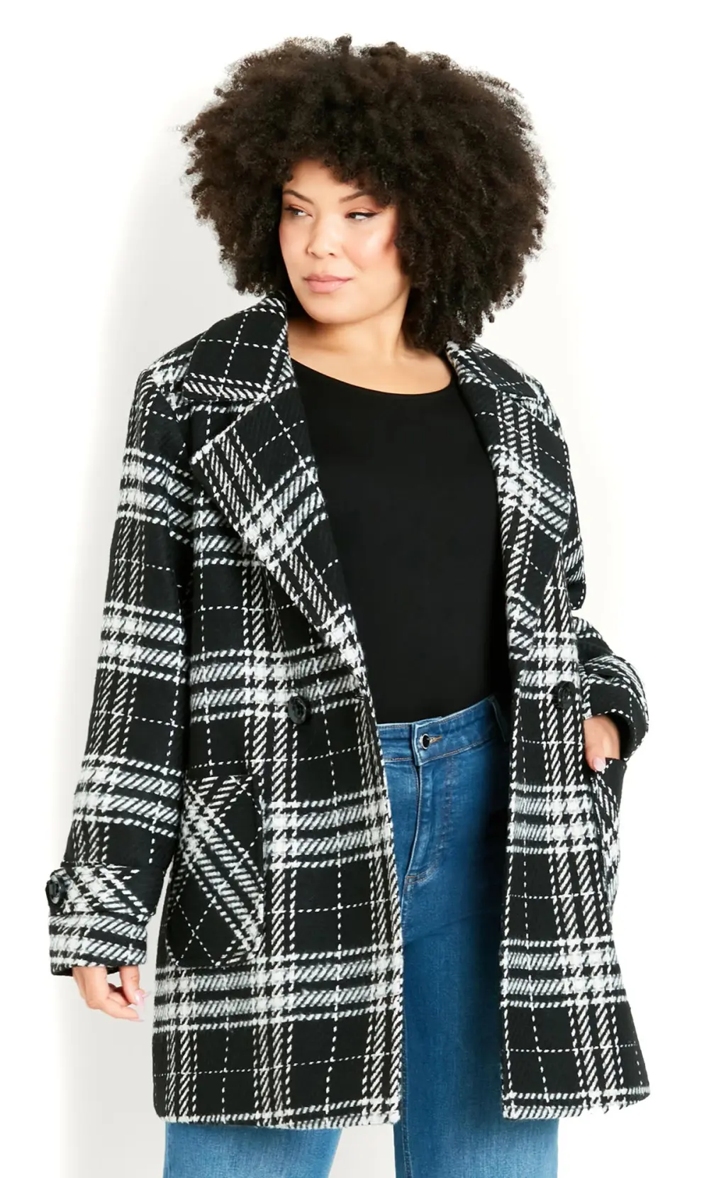 EVANS Curve Black & White Check Coat