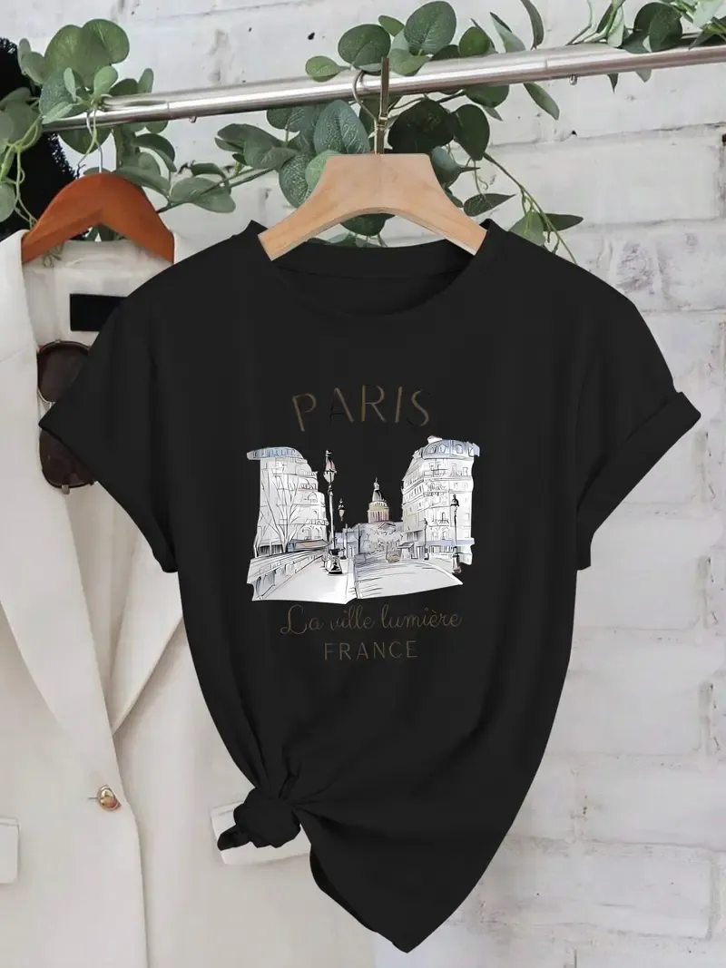 Women's Paris Print Casual Summer Crew Neck Short Sleeve T-Shirt