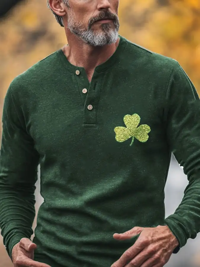 Men's St. Patrick’s Day Shamrock Casual Long-Sleeve Buttons T-Shirt