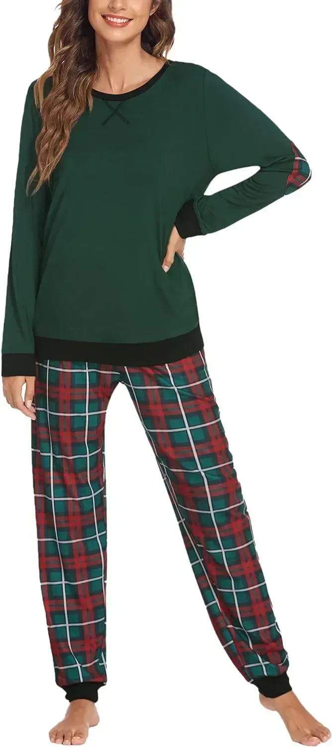Women's Pajamas Sets Long Sleeve with Plaid Pants Soft Sleepwear O Neck 2 Piece Pjs Joggers Loung Set with Pockets