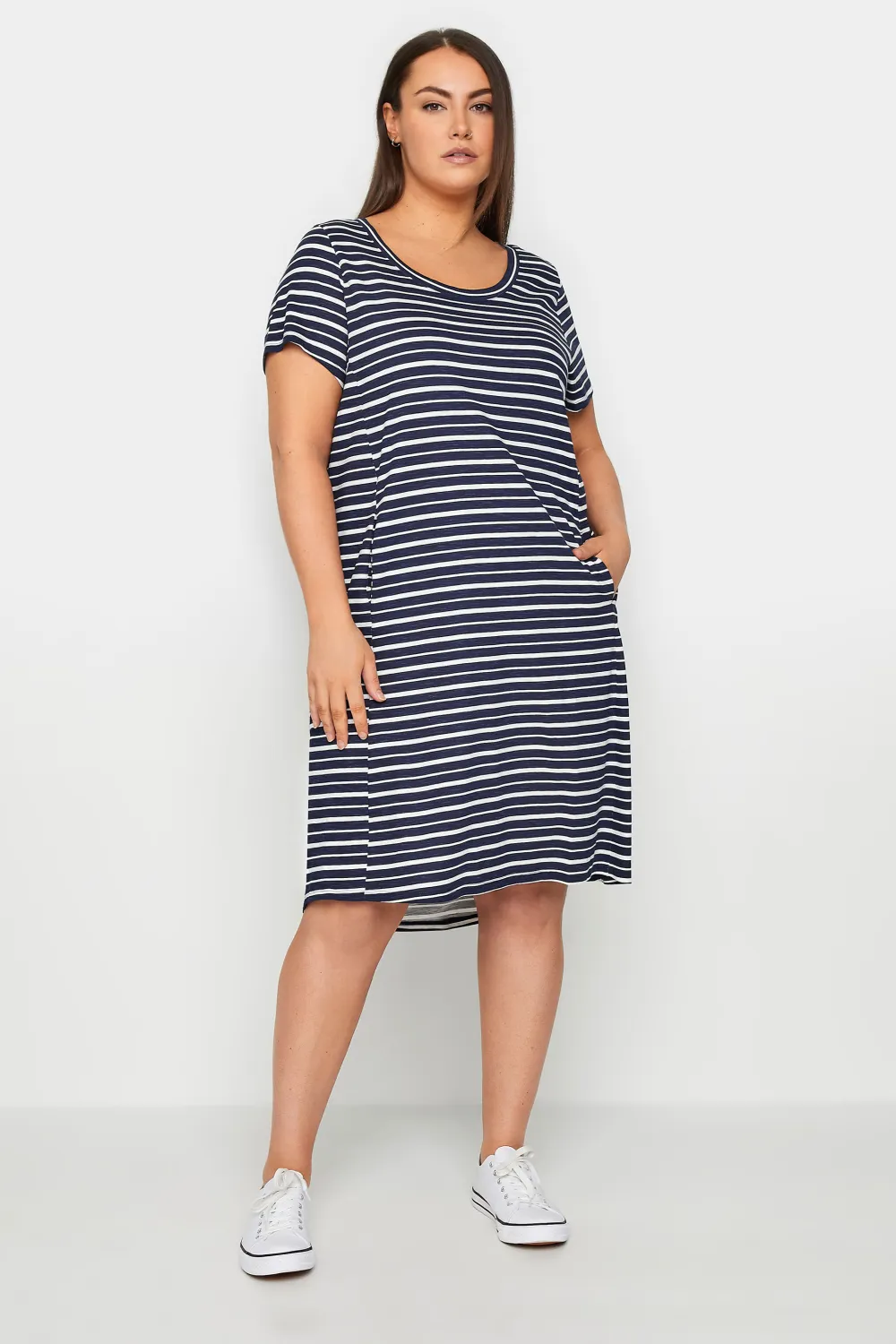 Evans Navy Blue Stripe Pocket Midi Dress