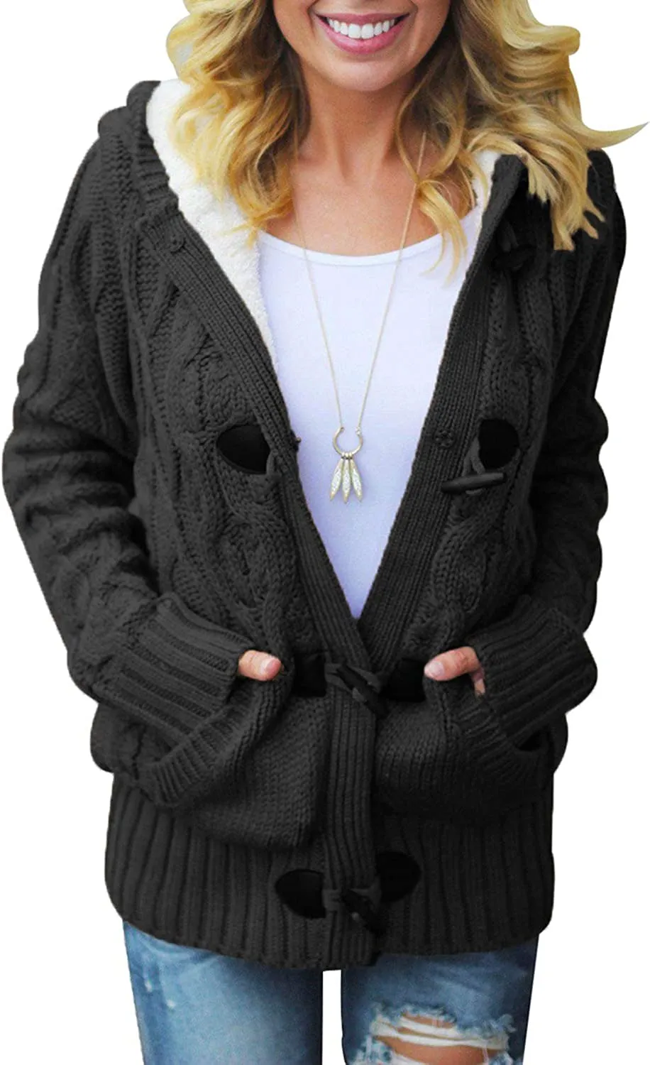 Womens Hooded Cardigans Button Up Cable Knit Sweater Coat Outerwear with Pockets