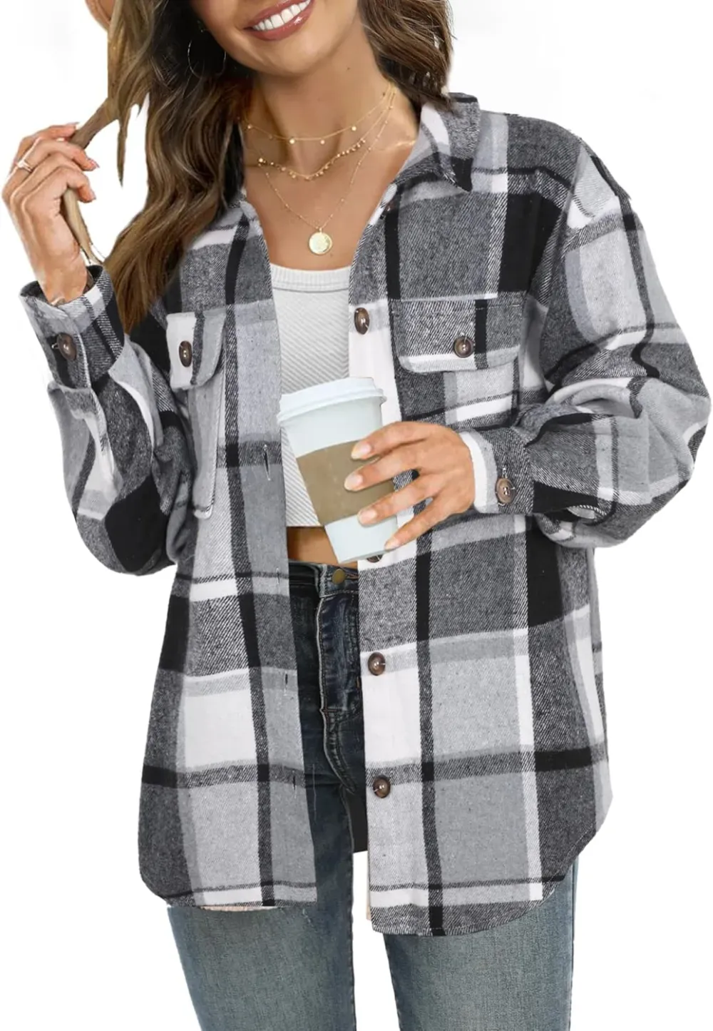 Women's Casual Plaid Flannel Shacket Jacket Oversized Button Down Long Sleeve Fall Shirts Jacket Lapel Coats Tops