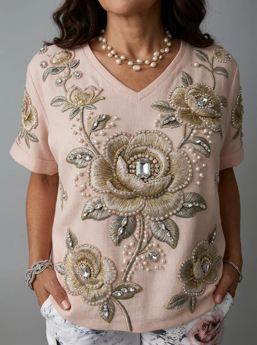 Women's Nashville Floral Rhinestone Pearl Embroidered V-neck T-shirt