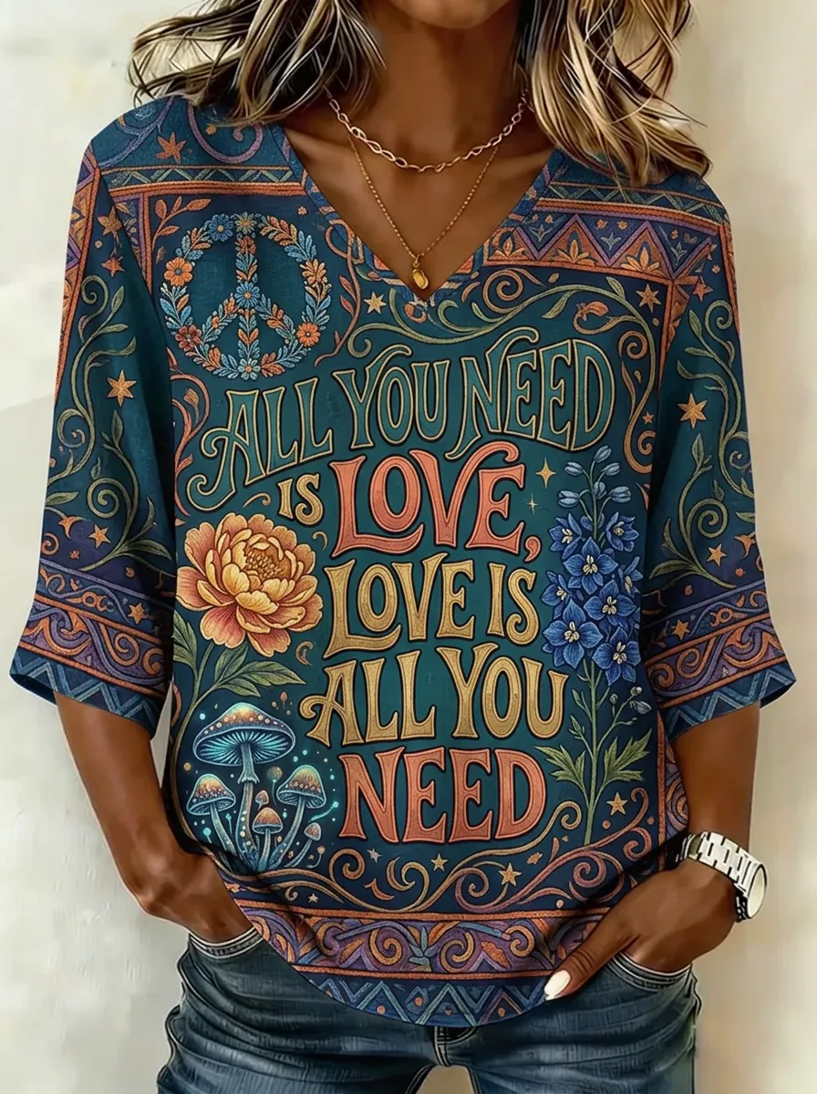 Women's Nashville Hippie Floral Mushroom Printed V-neck Top