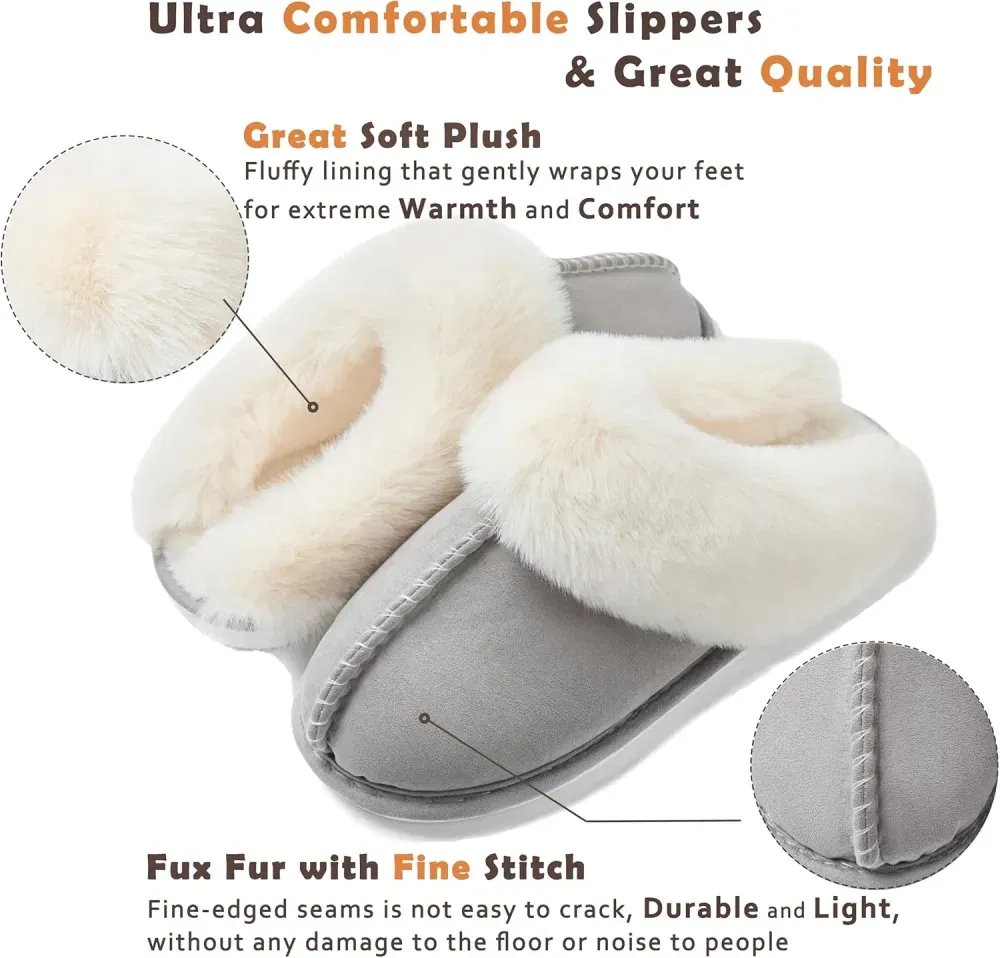 Womens Slipper with Memory Foam Fluffy Soft Warm Slip On House Slippers Anti-Skid Cozy Plush for Indoor Outdoor