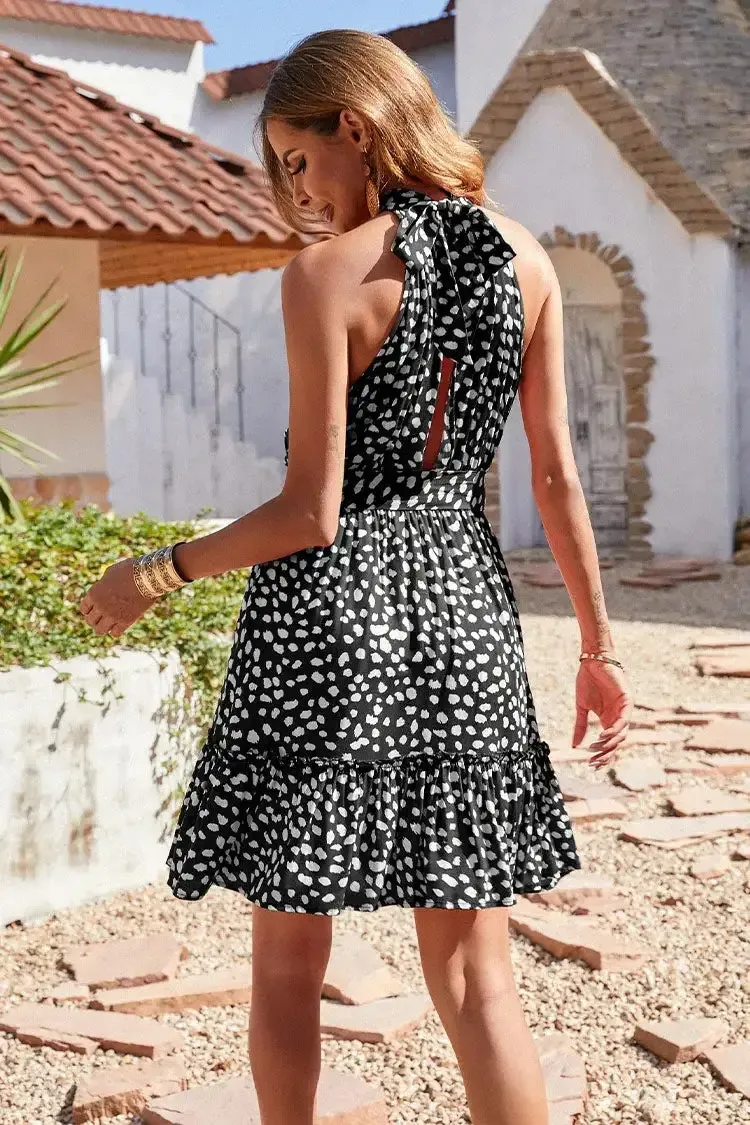 Halter Neck Summer Loose Sleeveless  Ruffle Belt Boho Floral Dress