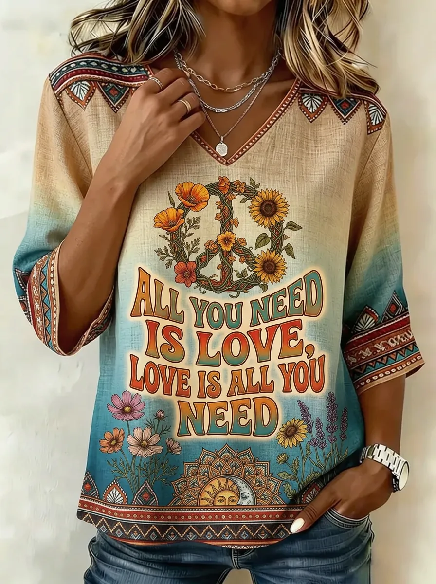 Women's Nashville Hippie Floral Peace Sign Printed V-neck Top
