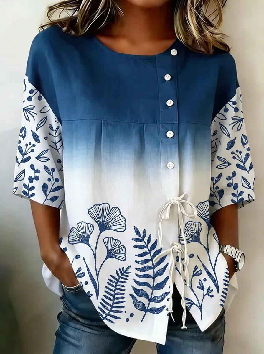 Women's Nashville Botanical Ginkgo Leaf Printed Button-Up Top
