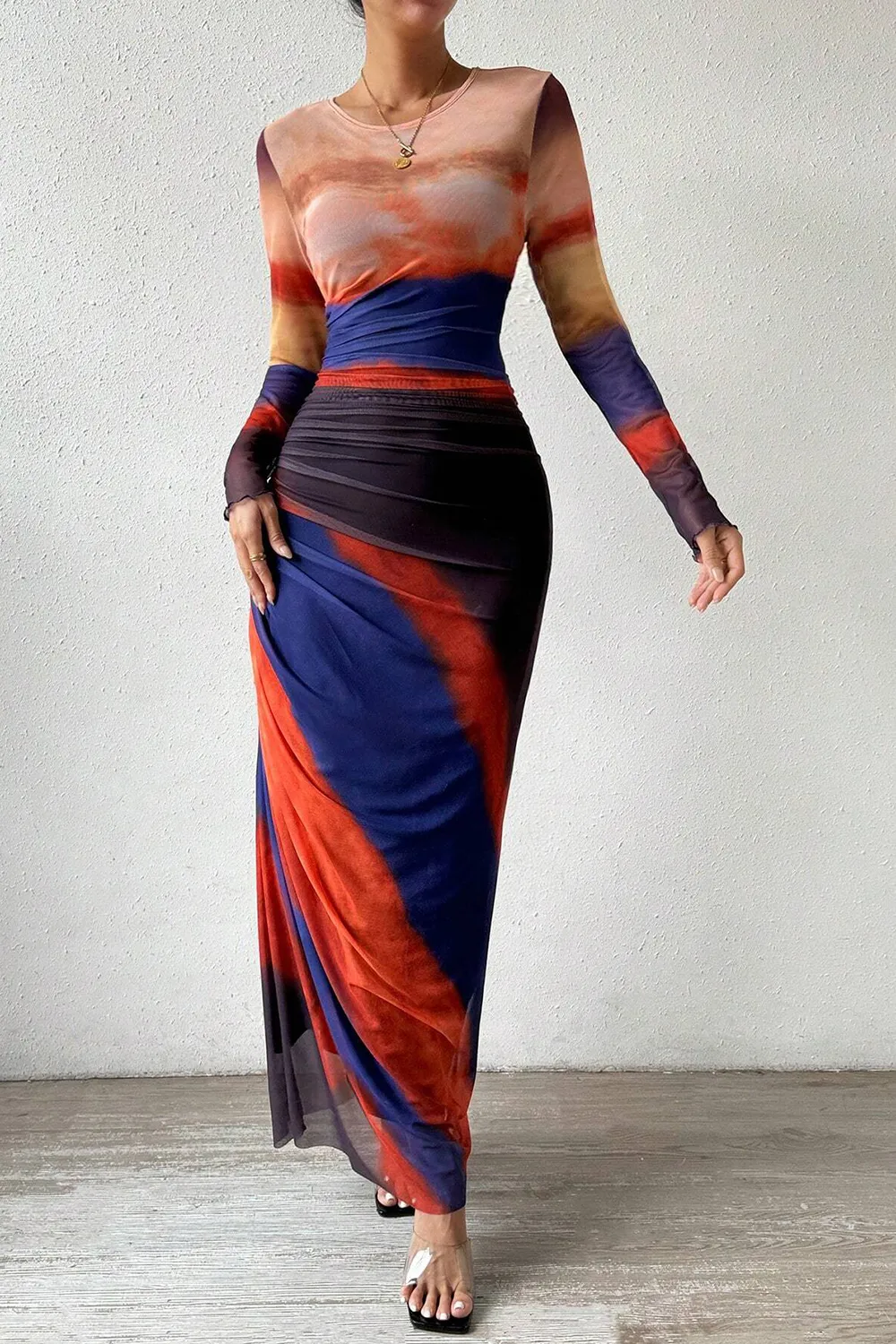 Women's Tie Dye Long Sleeve Pleated Dress