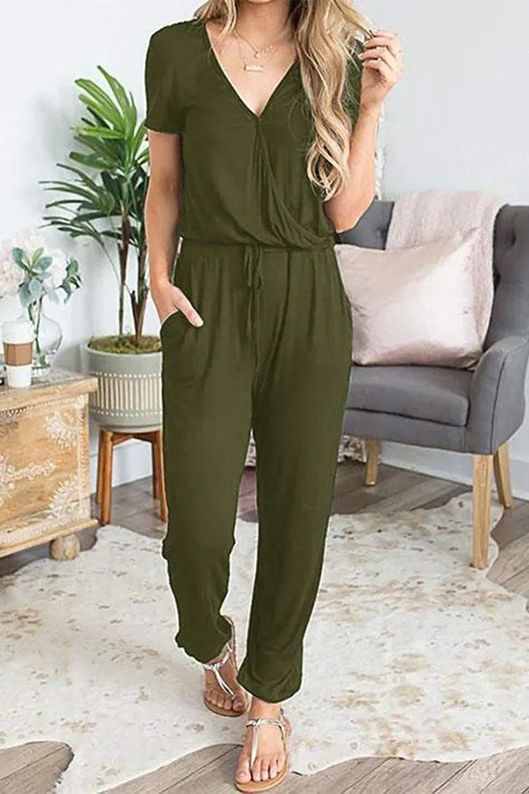 Deep V Neck Wrap Drawstring Waist Jumpsuit