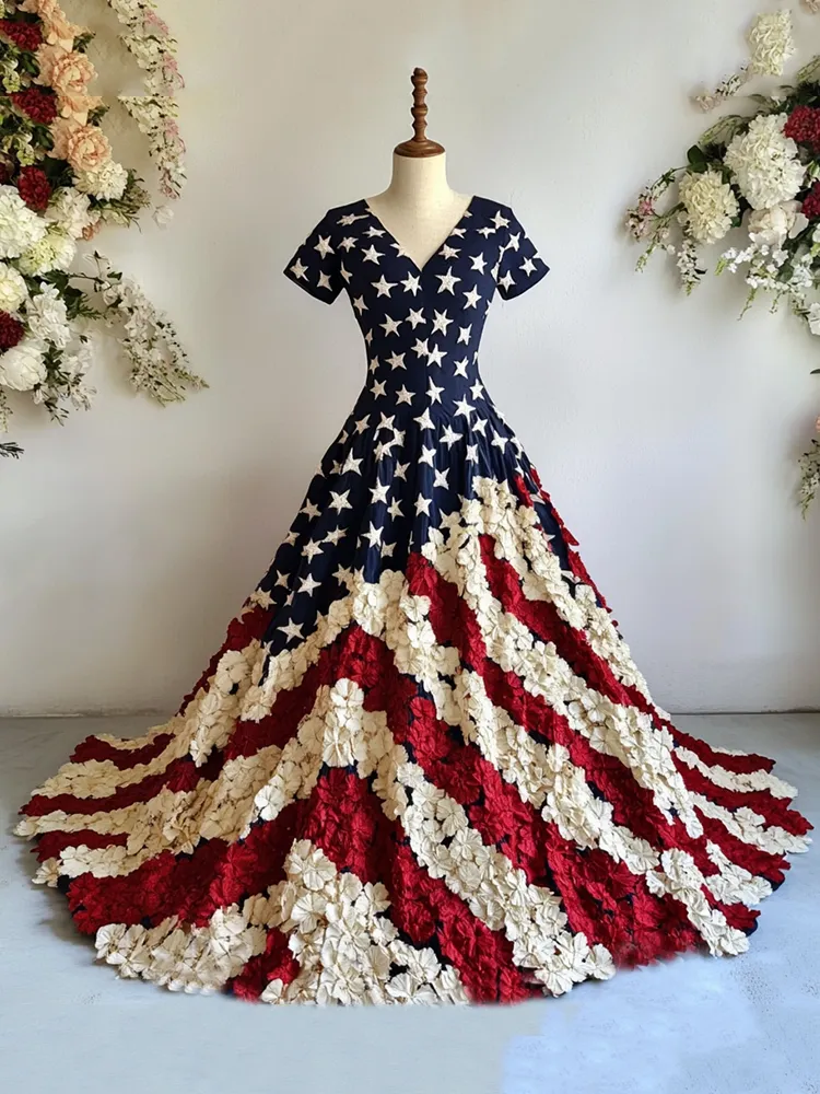 Women's Independence Day Flag And Floral Print Short Sleeve Dress