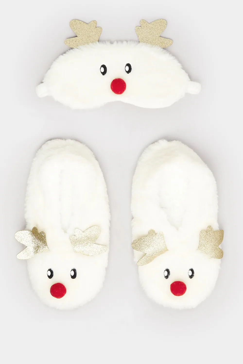 White Fluffy Reindeer Eye Mask & Slipper Set