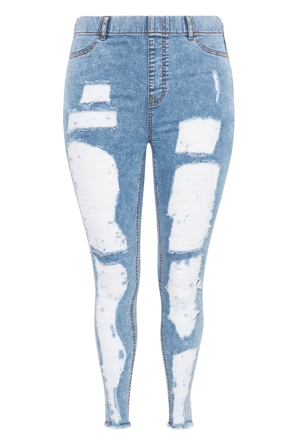 YOURS Curve Washed Blue Frayed Ripped Stretch GRACE Jeggings