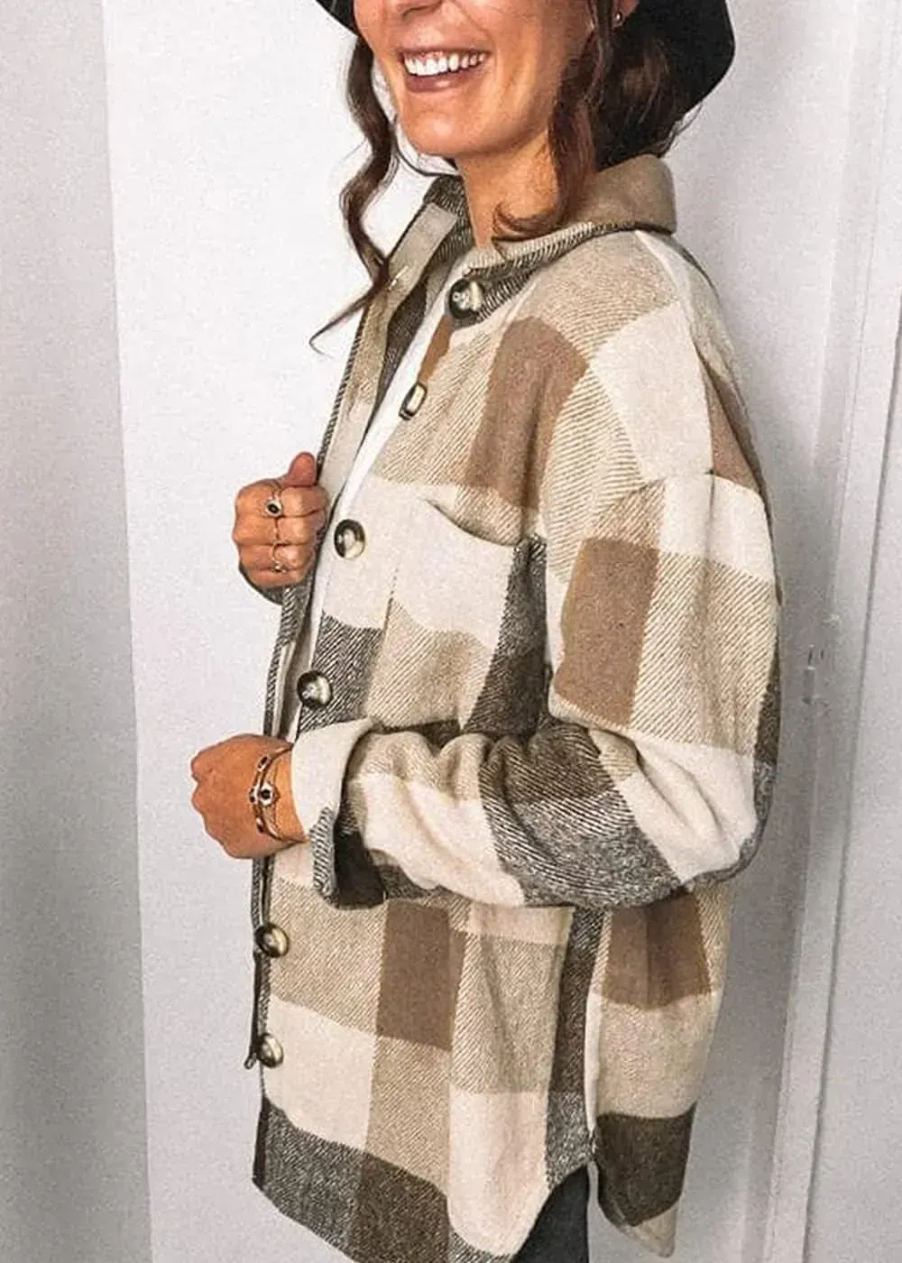 Women's 2023 Fall Clothes Plaid Shacket Jacket Long Sleeve Button Down Flannel Shirts Fashion Blouse