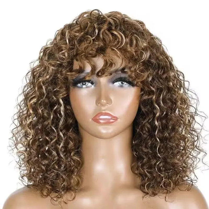 Balayage Highlight Brown Color Water Wave Bob Wig with Bangs Sterly Hair