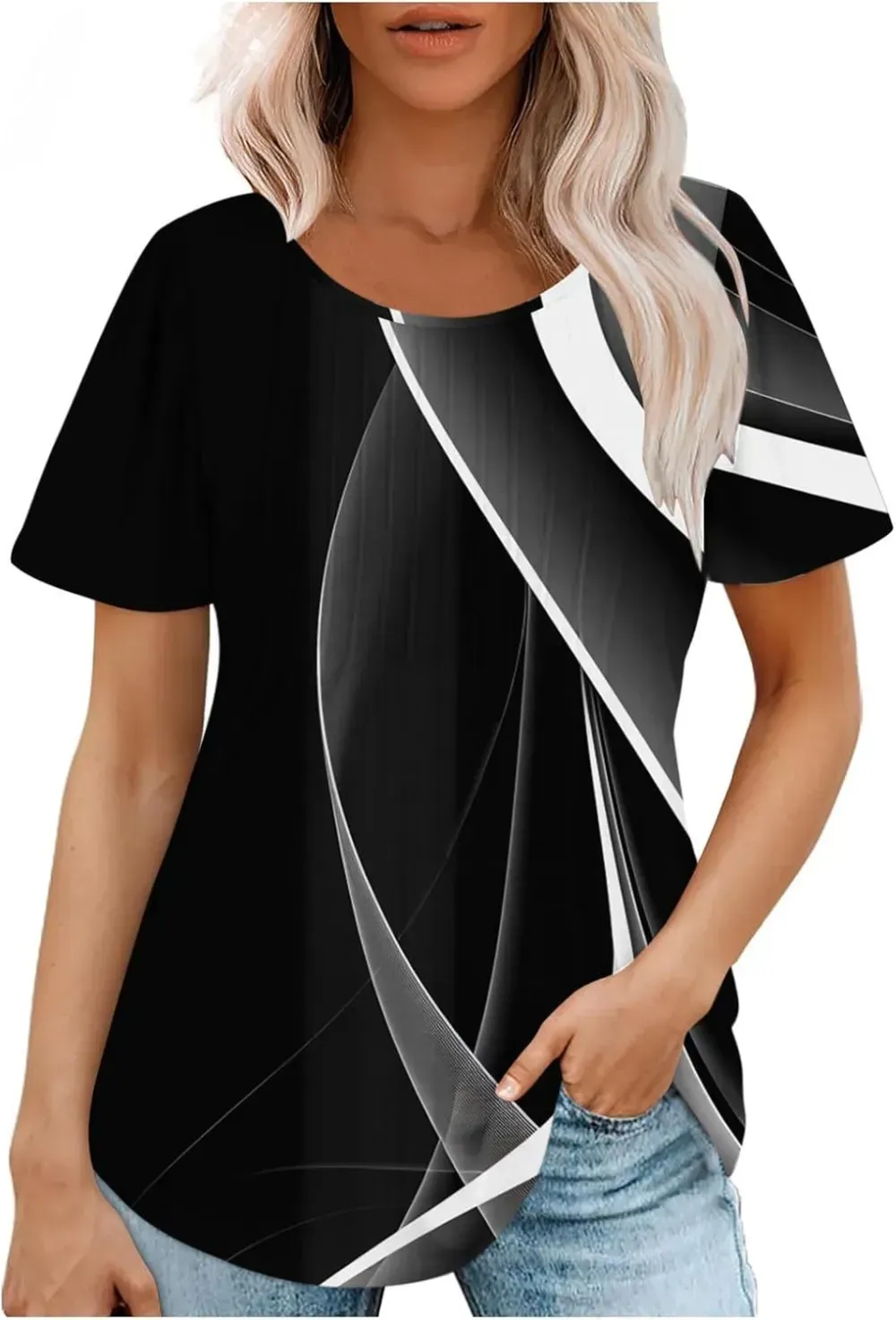 Womens Summer Pleated Front Shirts Tunics Casual Short Sleeved Loose Round Neck Boho Printed Tops Vacation Blouse