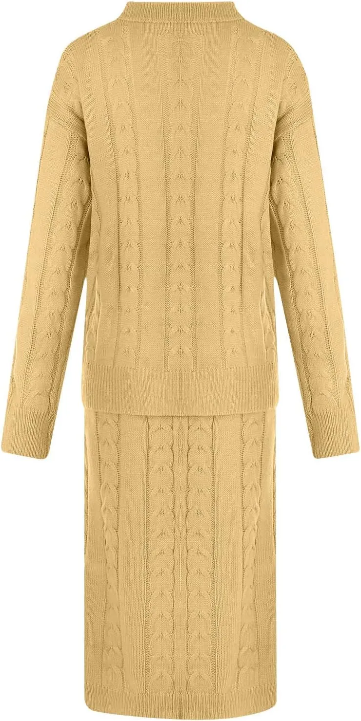Women 2 Piece Outfits Knitted Sweater Tops and Long Skirt Turtleneck Long Sleeve Bodycon Dress Set Chunky Cable Knit