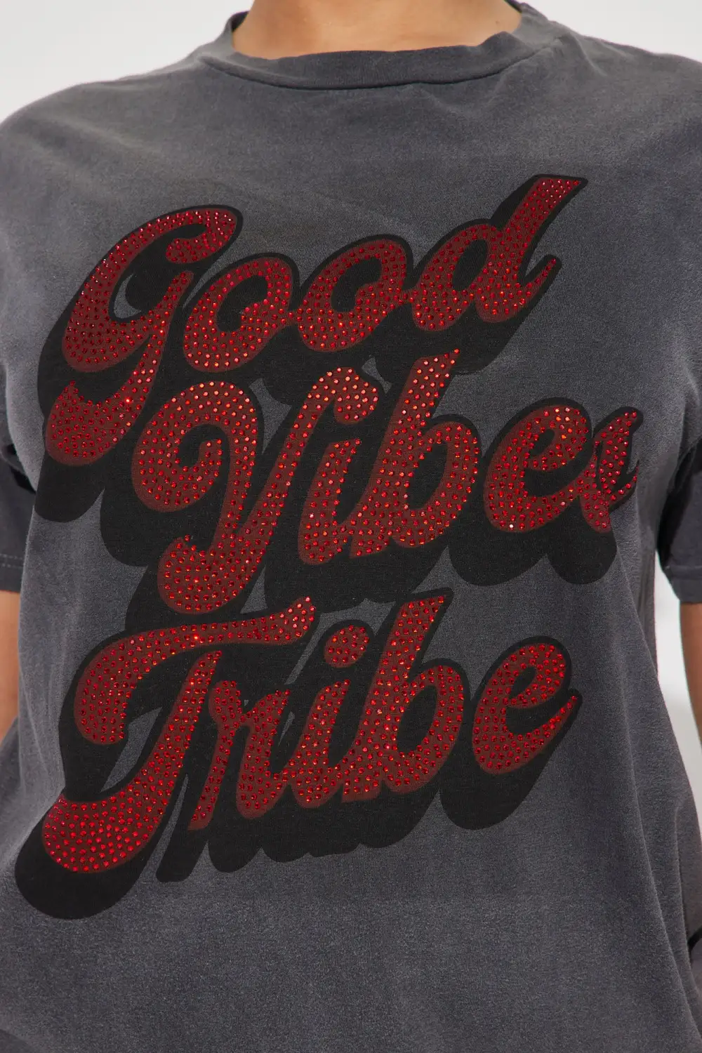 Good Vibes Tribe Rhinestone Tshirt - Charcoal