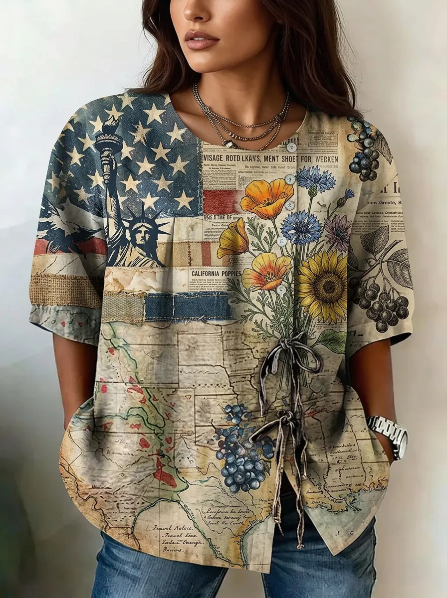 Women's Nashville USA Flag Floral Map Printed Button-Up Top