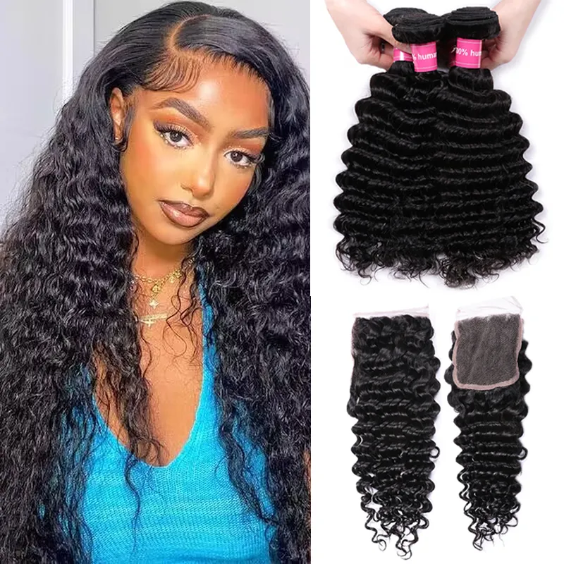 Sterly Undetectable HD Lace Closure 4x4 with 3 Bundles Deep Wave With Baby Hair