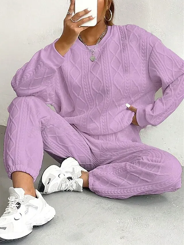 Women's Daily Sweatshirt Trousers Chinos Long Sleeve Round Neck Solid Color Patchwork Outdoor White Pink Rose Red Spring Regular Fit