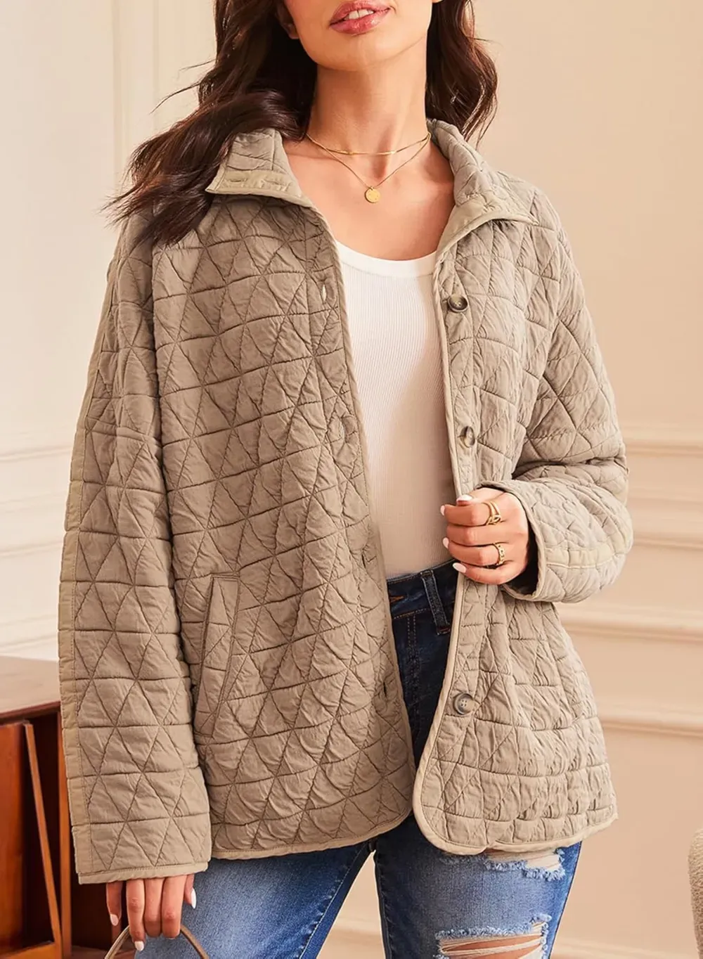 Women's Lightweight Diamond Quilted Jacket Casual Winter Open Front Button Down Puffer Coat Outwear Cardigan