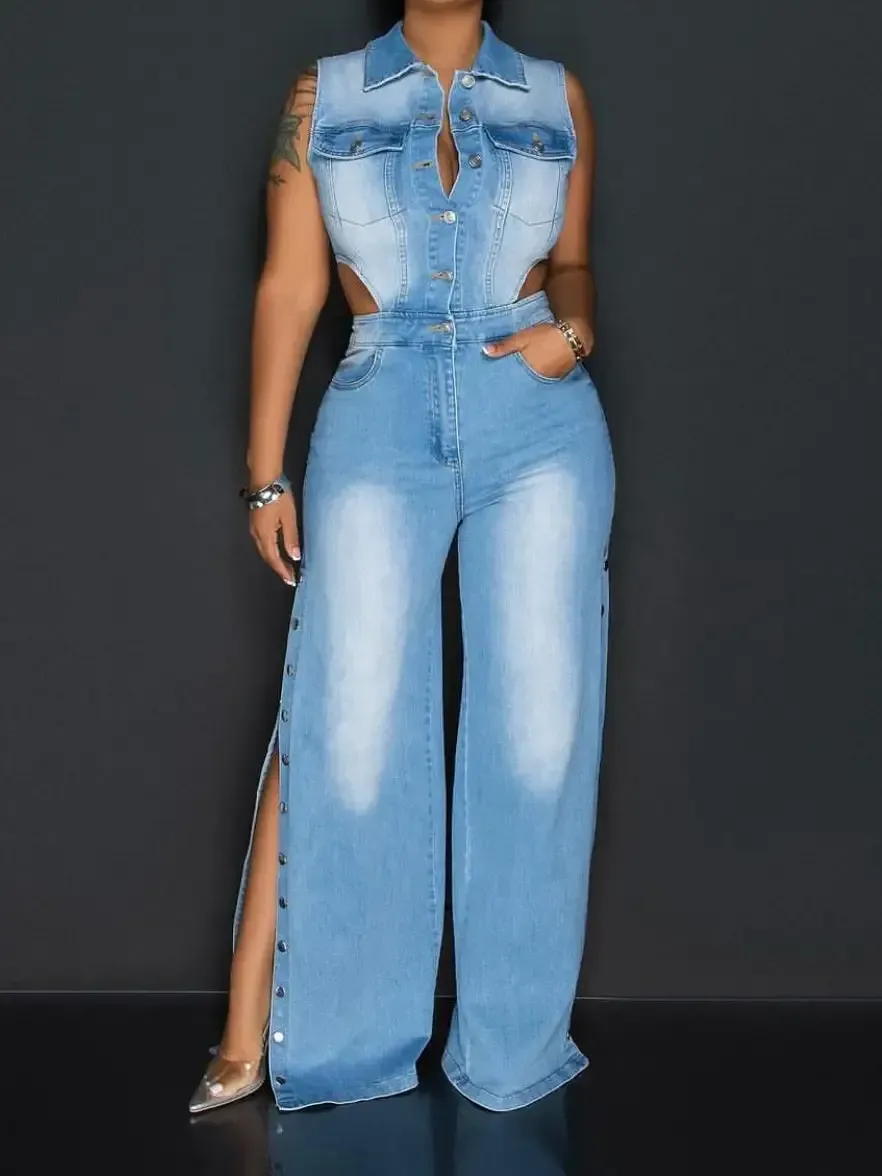 Women's Lapel Hollow Slit Denim Jumpsuit