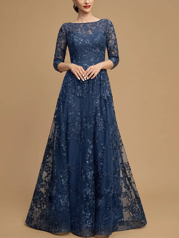 Round Neck Lace Long Sleeve Solid Color Maxi Dress