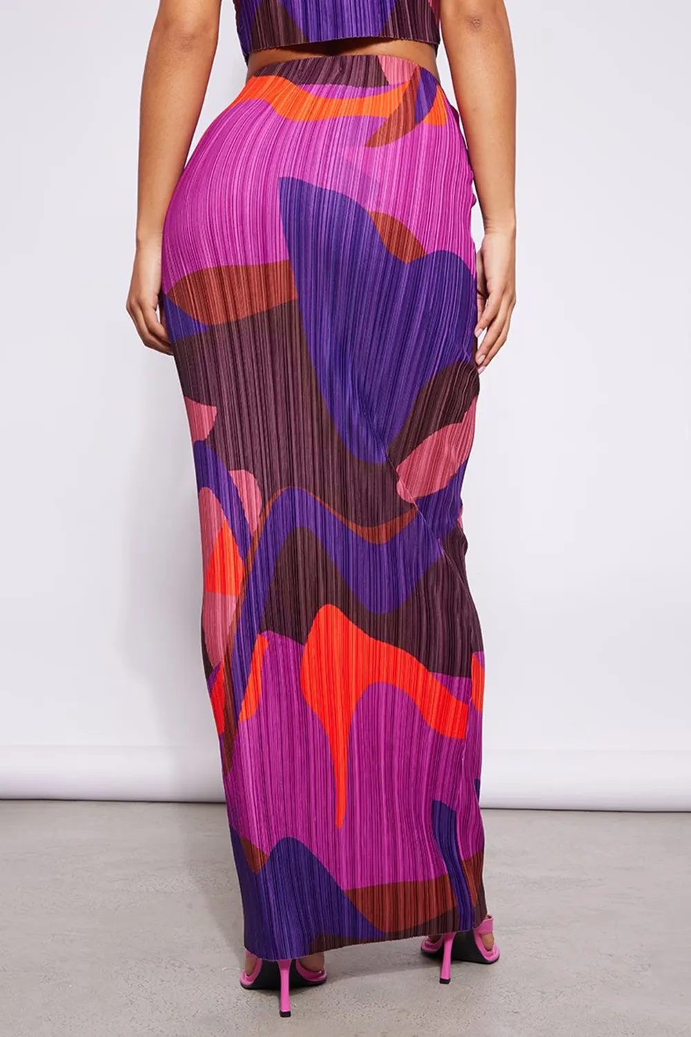 Pink Printed Plisse Strappy Turtleneck Top And Skirt Set