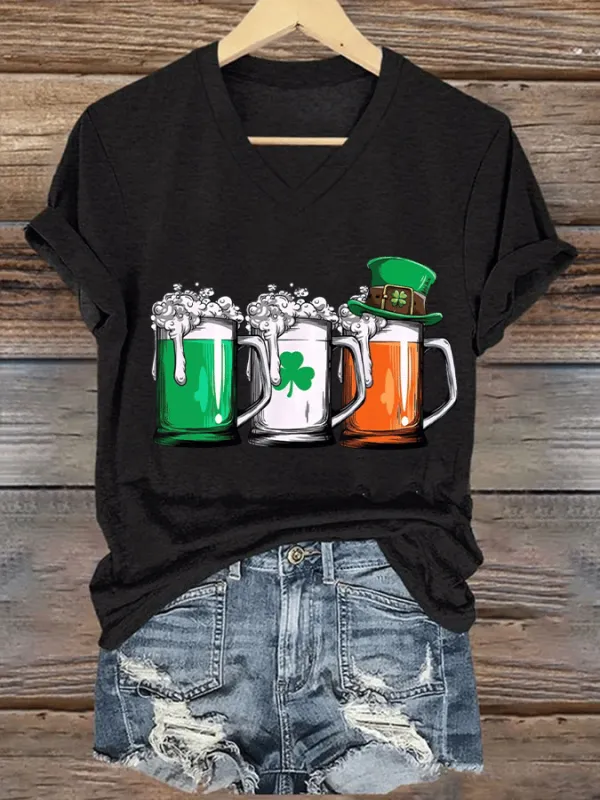 Women's St. Patrick's Day Beer Mug Print V-Neck Short Sleeve T-Shirt