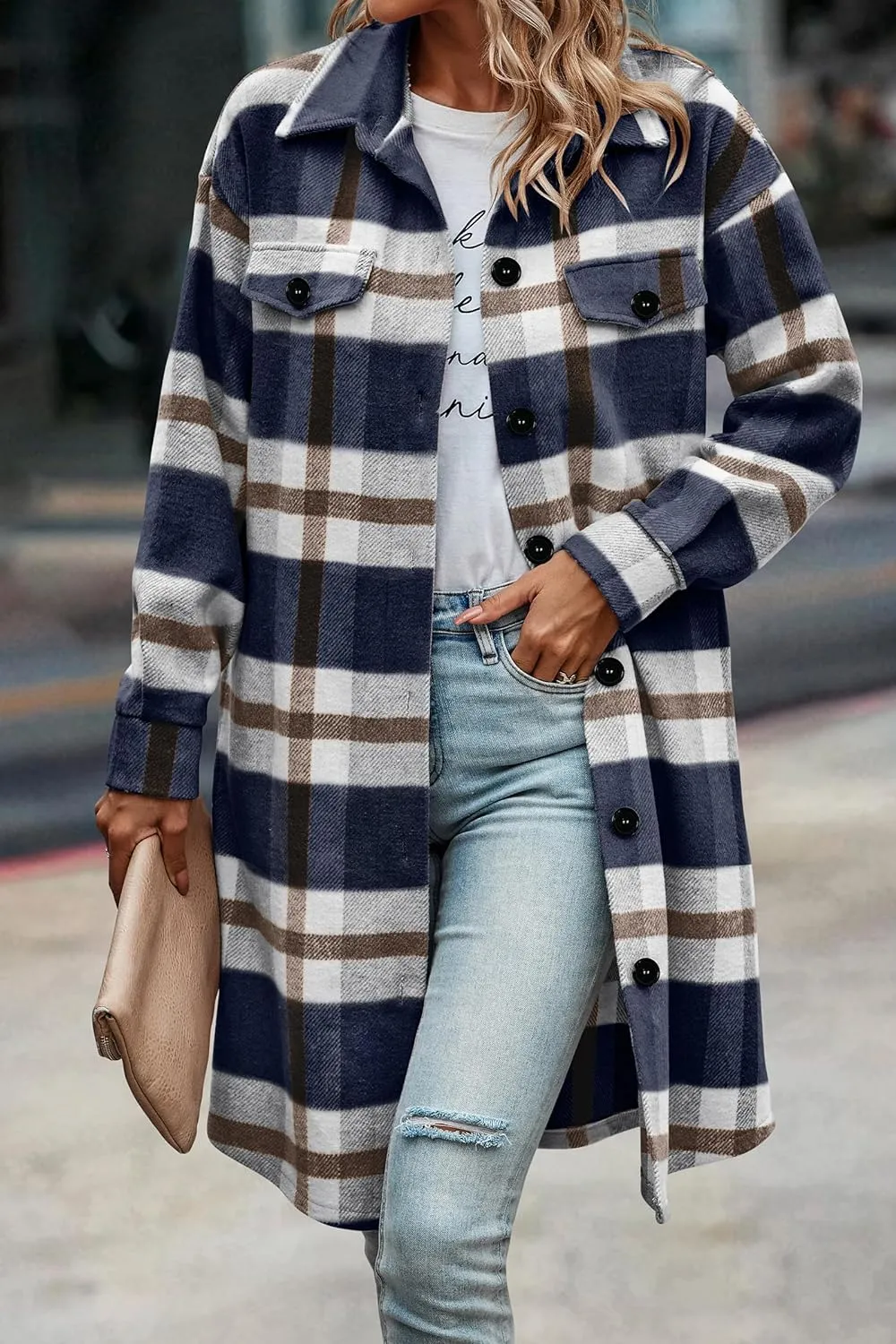 Women's Plaid Shacket 2023 Long Sleeve Button Up Flannel Shirt Winter Tartan Jacket Woolen Coats