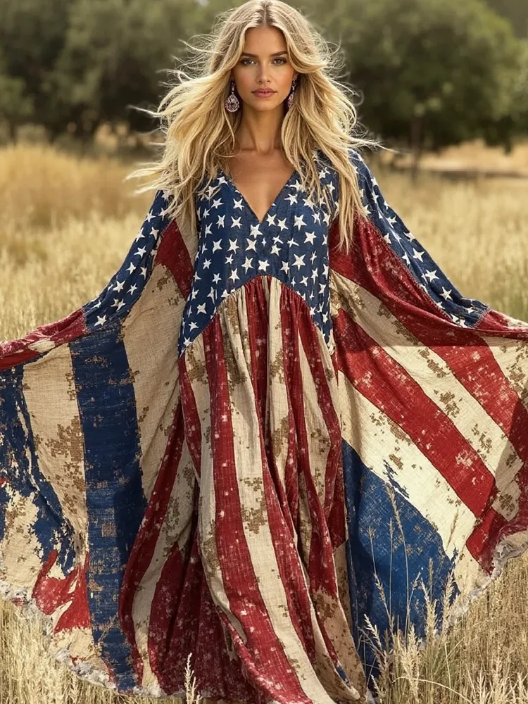 Ladies' Independence Day American Flag Art Linen V-neck Long Kaftan Dress