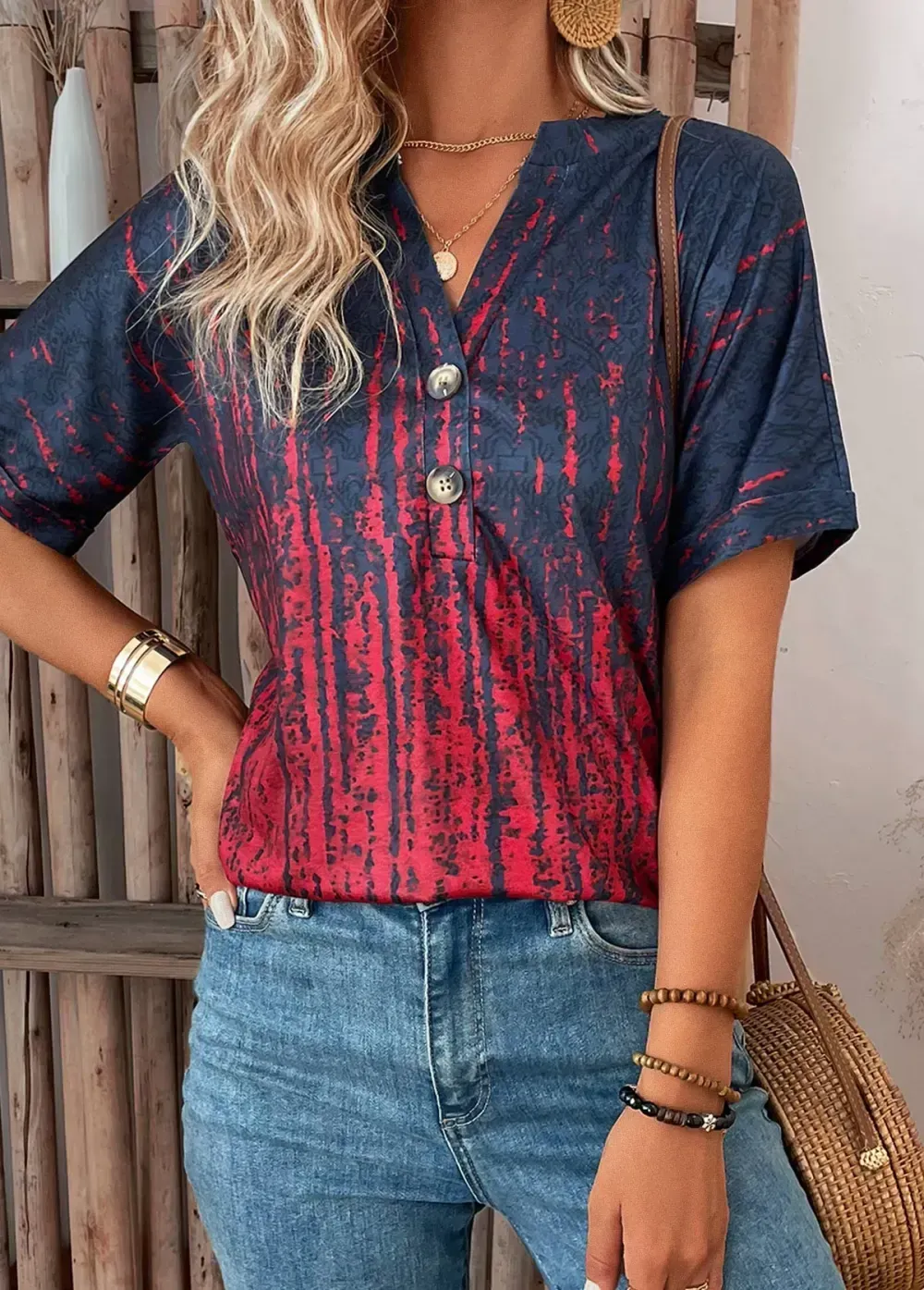 Wine Red Button Ombre Short Sleeve T Shirt