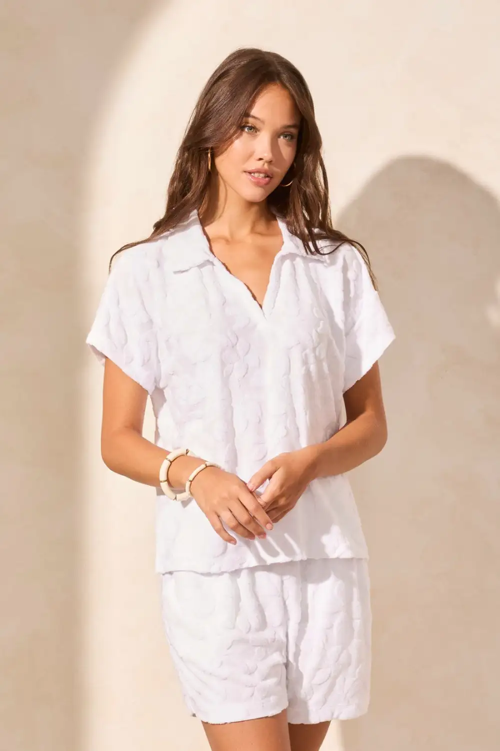 Textured Terry Short-Sleeve Polo Top-White