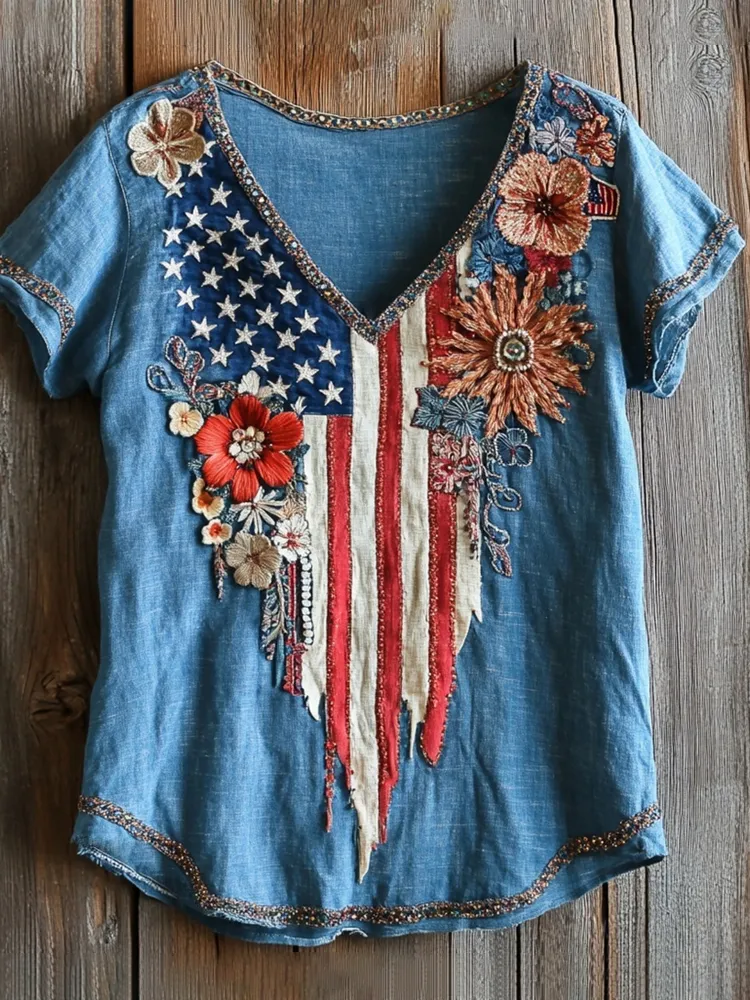 Irregular Flag & Sequin Floral Embroidery Women's Linen V-neck T-shirt
