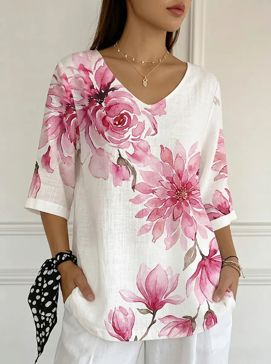 Women's Nashville Floral Watercolor Printed V-neck Top