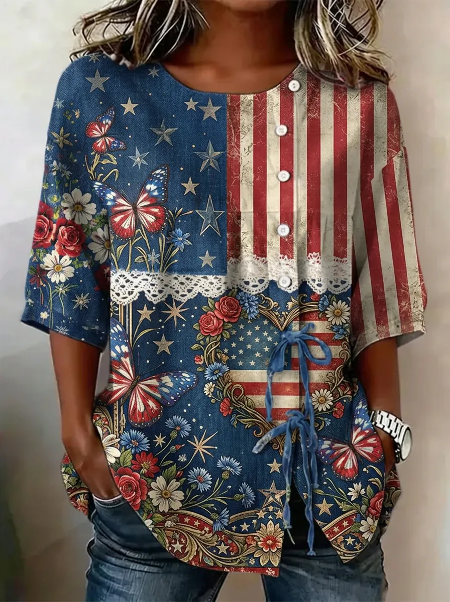 Women's Nashville USA Flag Butterfly Floral Printed Button-up Top