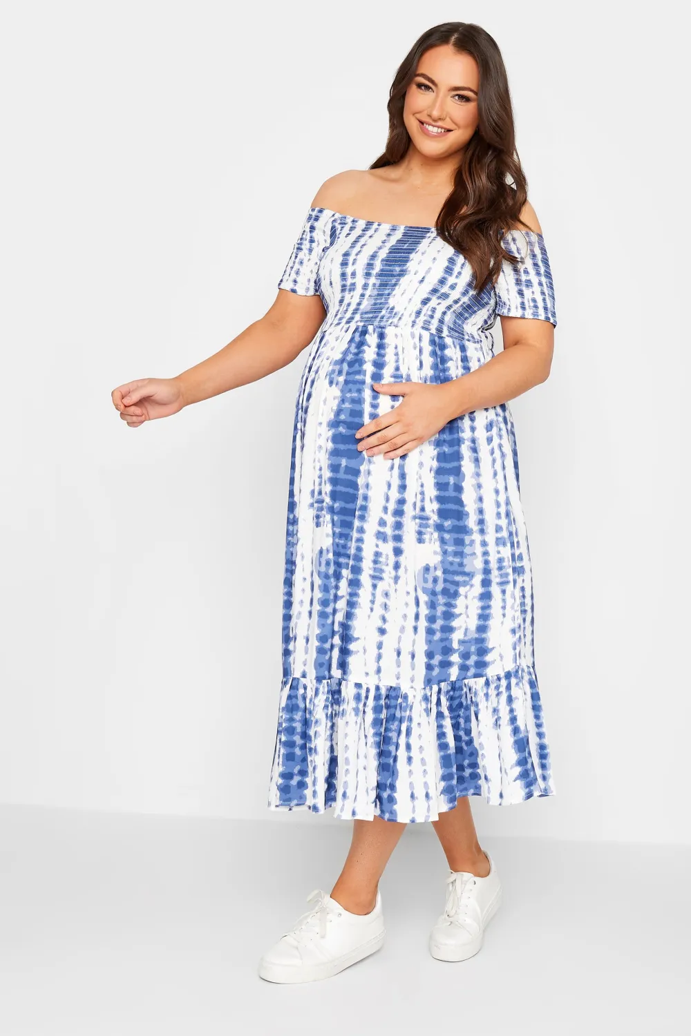 BUMP IT UP MATERNITY Curve Blue Tie Dye Shirred Dress
