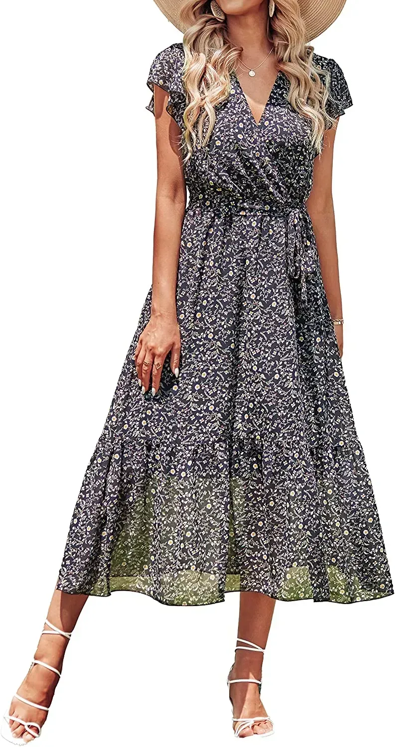 Women Summer Bohemian Floral Casual Wrap V Neck Ruffle Cap Sleeveless Belt A-Line Pleated Hem Swing Midi Sun Dress