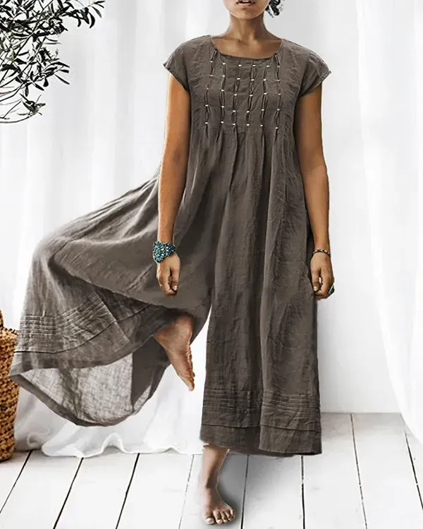 Solid Relaxed Loose Pleated Linen Jumpsuit (Gray/Navy/Orange/Green In Stock)