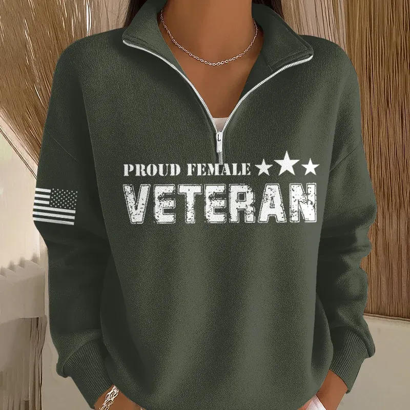 Women's Veteran Art Print Casual Zip-Up Sweatshirt